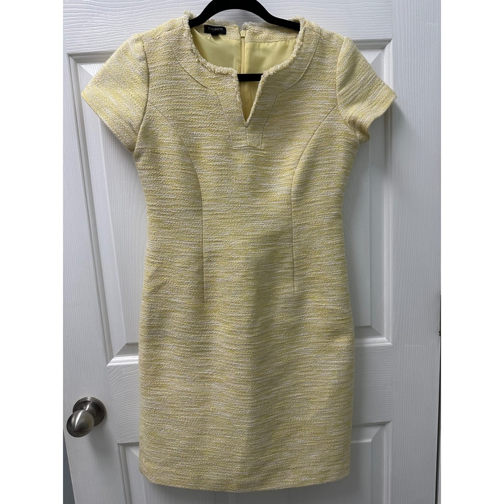 Talbots Petites Yellow White Tweed Fringe Sheath Dress Size 2P Capped Sleeves